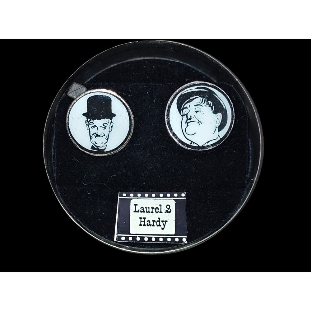 RARE VTG Laurel & Hardy Comedy Off the Cuff Production Gold Tone Cufflinks &Case